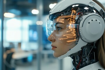 A modern-looking robot with intricate circuits seen in an office environment, symbolizing the integration of AI into professional and everyday workspaces.