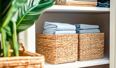 Obraz premium Organized wardrobe storage in closet with wicker baskets, neatly folded clothes, Concept of order, eco-friendly storage, neat organization, decluttering..