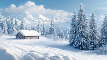 Obraz premium A peaceful winter scene with snow-covered trees and a cozy cabin, embodying warmth and comfort during the cold season.