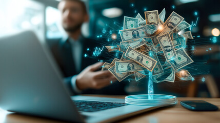 digital money tree with dollar bills as leaves symbolizes financial growth and prosperity, set against blurred office background