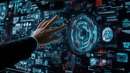 Obraz premium A hand reaches out to touch a futuristic, glowing, interactive screen filled with data and information.