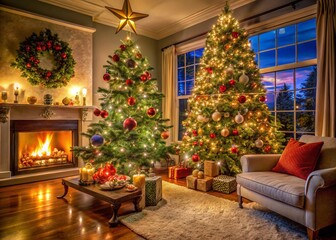 Obraz premium Festive Christmas Tree Decorated with Ornaments and Lights for Holiday Celebrations