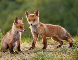 Fototapeta premium A pair of cute little red fox kits standing in a field outside their burrow