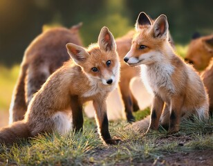 Fototapeta premium A pair of cute little red fox kits standing in a field outside their burrow