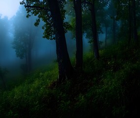 Obraz premium Mysterious foggy forest at dawn.