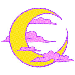 Crescent moon with clouds sticker design element
