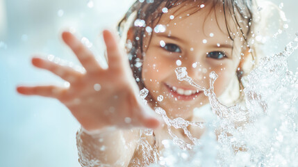 Fototapeta premium Happy child splashing water, reaching out with hand, enjoying playful fun. Close-up portrait with water droplets, bright and joyful moment captured.