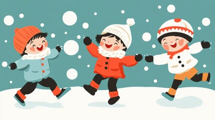 Fototapeta premium Three happy children in winter clothing playing in the snow on a cold day - winter concept