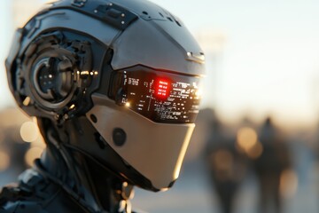 A robotic face with a futuristic design, featuring a prominent digital screen interface displaying data, symbolizes the integration of technology and modern aesthetics.