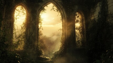 Wallpaper with vines in warm sunlight misty clouds and distant forest scenery