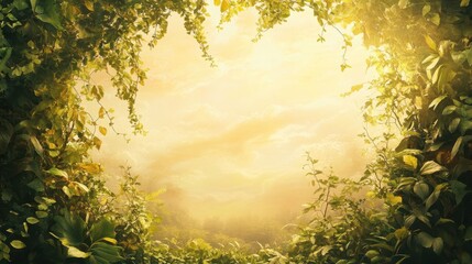 Romanticism-style backdrop with overgrown vines and warm golden sunlight in a forest