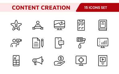 Content Creation Icon Set. Creative and versatile icons for bloggers, vloggers, and digital creators, perfect for enhancing editing tools, social media apps, and multimedia projects.