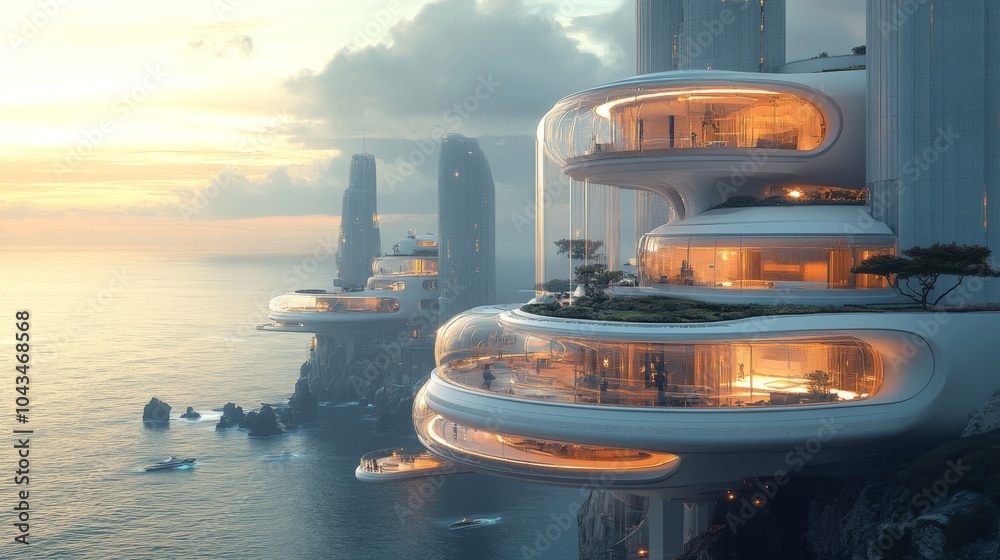 Poster the scene showcases an innovative coastal city with modern, flowing architecture perched on cliffs, 
