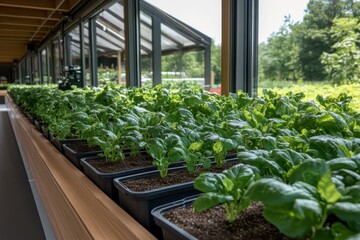 Innovative indoor agricultural system with lush greenery thriving under controlled conditions, demonstrating modern techniques and commitment to sustainable food production.