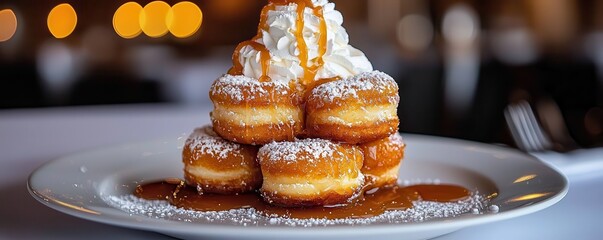 Indulgent deep-fried donuts drizzled with rich caramel sauce on a rustic plate.
