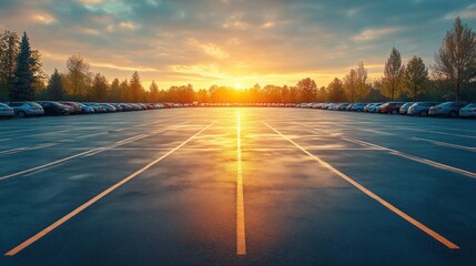 A large empty parking lot at sunrise, with rows of parked cars lining the edges and the sun shining through the clouds.