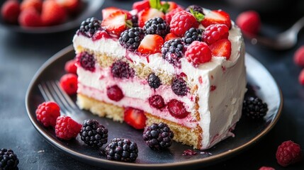 A delicious slice of layered cake topped with fresh berries and cream.
