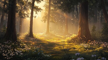 Obraz premium Romanticism wallpaper of misty woods golden sunlight and wildflowers creating nostalgia