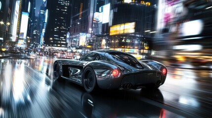 Fototapeta premium Metallic gray sport car driving downtown at night illuminated by skyscrapers and neon signs