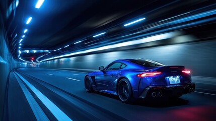 Obraz premium Blue sport car racing through tunnel motion blur on walls lights reflecting off its surface