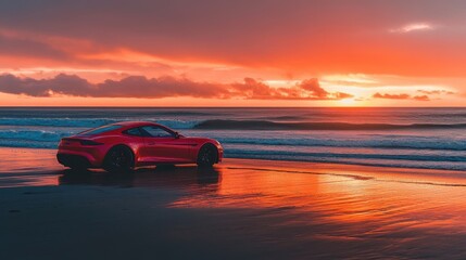 Bright red sport car parked at beachside sunset casting warm glow over the ocean and sand