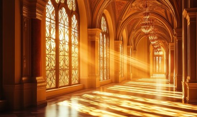 Obraz premium Golden hallway with stained glass windows.