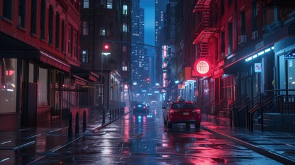 Obraz premium A bustling city street illuminated at night with taxis driving steadily down it