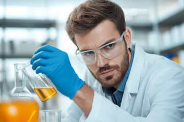 Scientist in lab coat analyzing biofuel samples with precision and focus. laboratory setting is filled with various glassware and colorful liquids, showcasing dedicated research environment