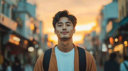 Fototapeta premium young man stands confidently in bustling street at sunset, with warm colors illuminating background. His relaxed expression and stylish outfit create vibrant atmosphere.