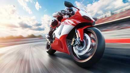 Red and white sport motorcycle leaning into curve on racetrack motion blur highlights speed sun gleaming off surface