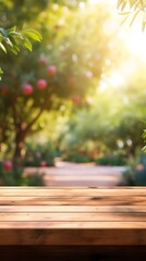 Wooden table for product placement with sunny sunset garden in background.