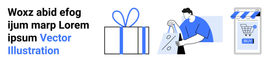 A gift box, a person holding a shopping bag, and a mobile device with a shopping cart highlighted. Ideal for e-commerce, online shopping, gift giving, mobile commerce, and retail. Banner for landing