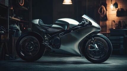 Matte silver bike in a dark garage lights highlighting its sleek body