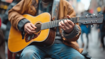 Obraz premium Closeup of a man's hands playing an acoustic guitar.