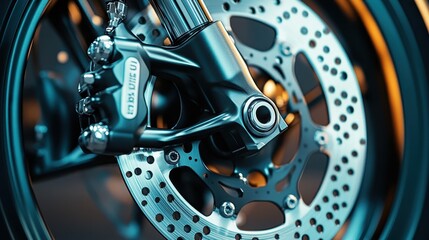 Obraz premium Brake disc and caliper close-up with metallic parts shining in soft light