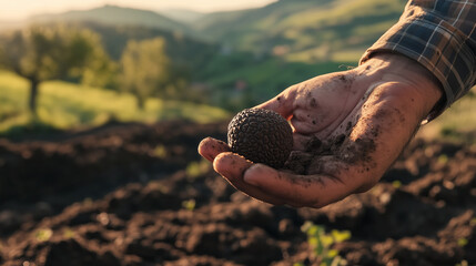 Close-up of a farmer's hand holding a freshly harvested truffle, covered in soil, with a field of crops in the background, symbolizing organic farming.