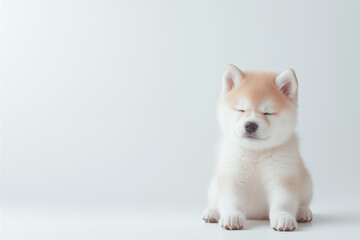 Obraz premium akita inu puppy sitting with eyes closed on a plain white background