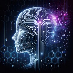 Obraz premium Futuristic AI Concept: Human Head Profile Composed of Glowing Circuits and Binary Code, Representing Machine Learning, Neural Networks, Data Processing, and Digital Transformation