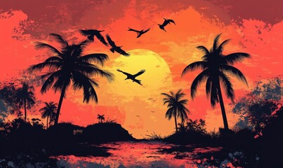 Silhouetted palm trees against an orange sunset.