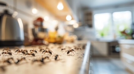 Ants swarm a kitchen countertop in a home during daylight, highlighting a common household pest problem and the need for pest control