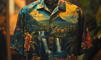 Obraz premium Tropical print shirt with waterfall and volcano.