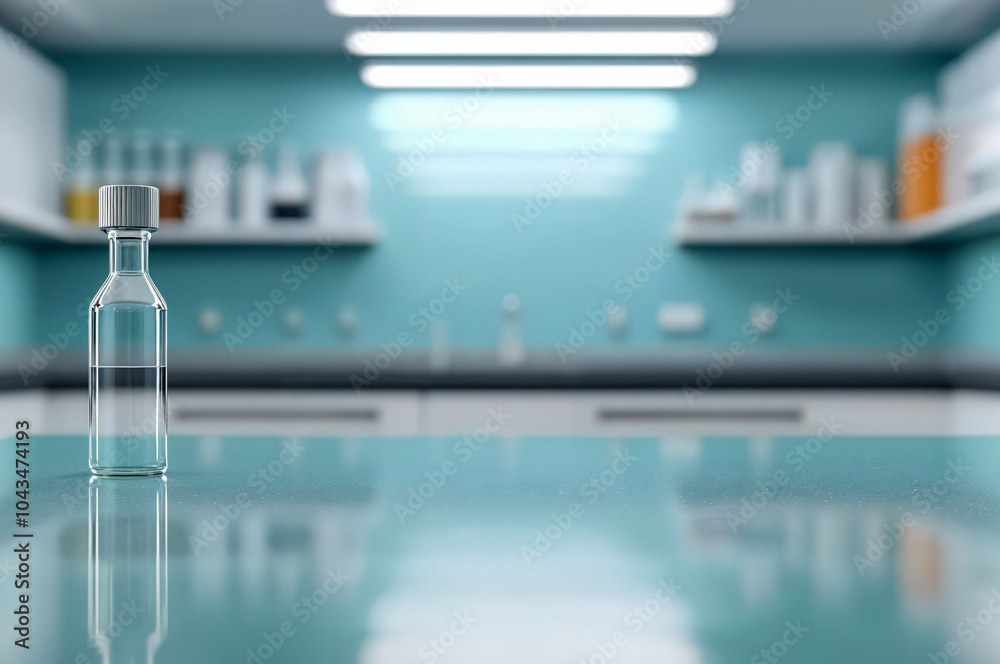 Poster transparent glass vial containing a liquid is standing on a table in a laboratory