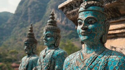 Fototapeta premium Serene Blue Statues in Mountainous Landscape
