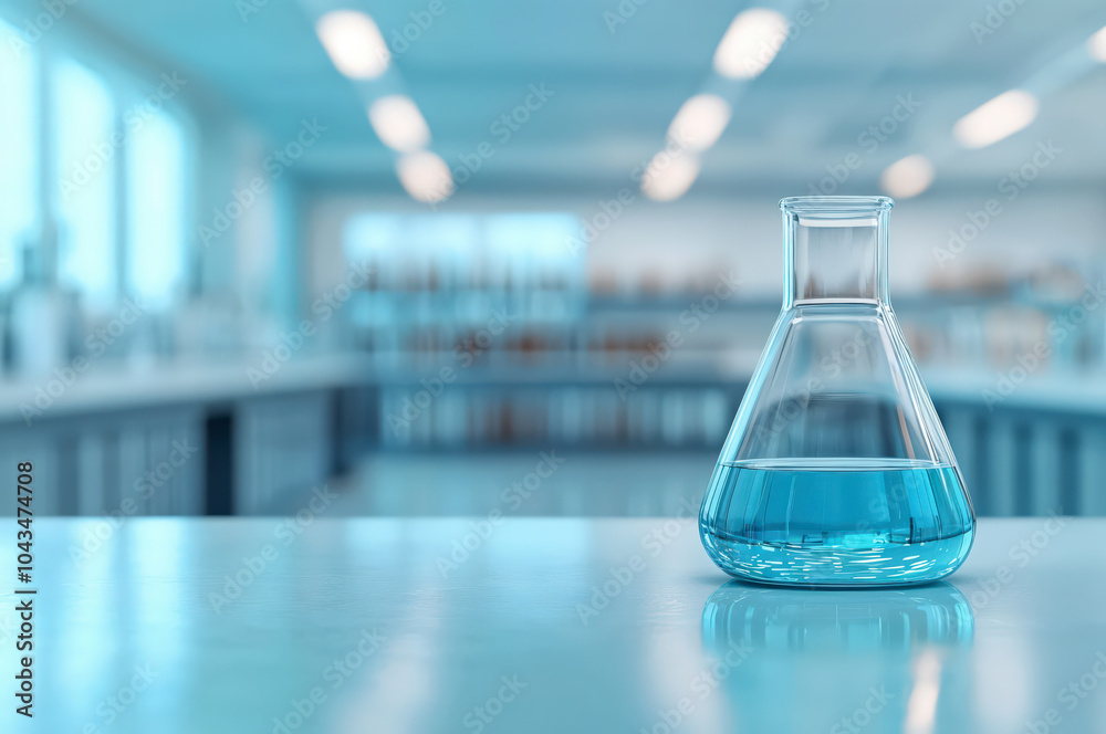 Poster erlenmeyer flask containing blue liquid is sitting on a table in a laboratory