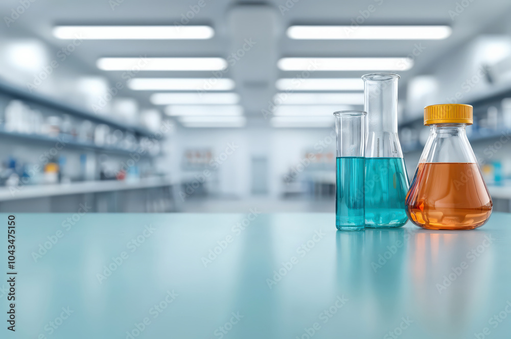 Poster Laboratory glassware containing colored liquid is standing on a table in a laboratory setting