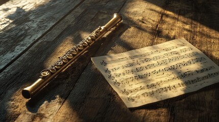 A serene image of a flute and sheet music on a wooden table.