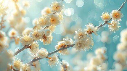 Branches of blossoming willow in spring close-up over water. Nature, seasons. Weather. Wallpaper.