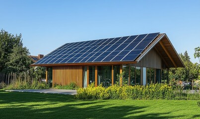 Modern house with solar panels and green lawn.