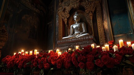 Serene Buddha Amid Red Flowers and Candlelight