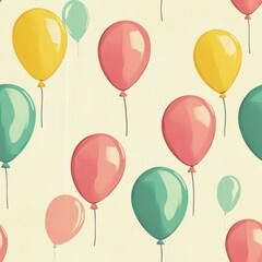 Vintage Yellow, Green, and Pink Balloons pattern on vintage beige fabric background, seamless repeating pattern, textile print style, minimal, cheerful balloon design, birthday decor, textile